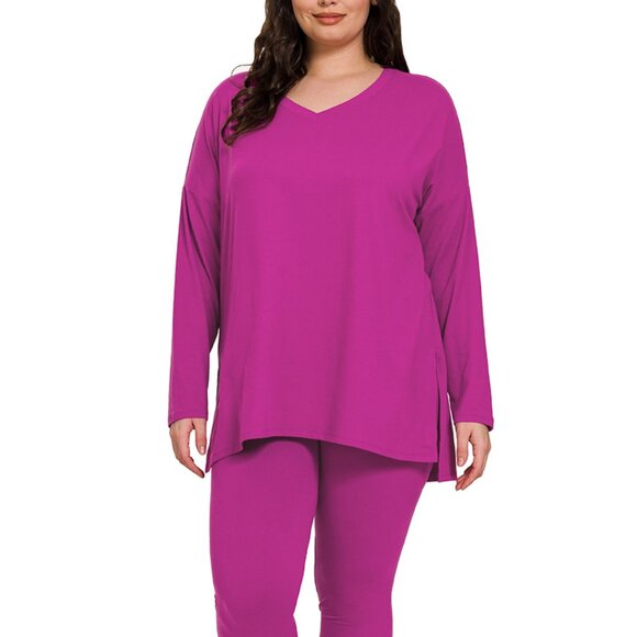 V‑Neck Long‑Sleeve Loungewear Leggings Set – Buttery Soft Brushed DTY Microfiber - Picture 1 of 5